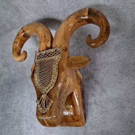 Handcrafted Mango Wood Ram Head Wall Decor with Brass
